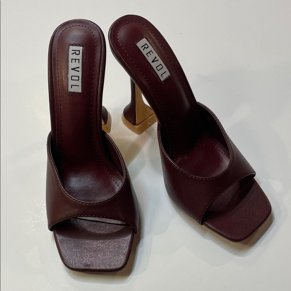 Revol Burgundy Square Toe Slip-On Heeled Mules Sculpted Heel Sandal Women’s Sz 7 - Picture 1 of 10